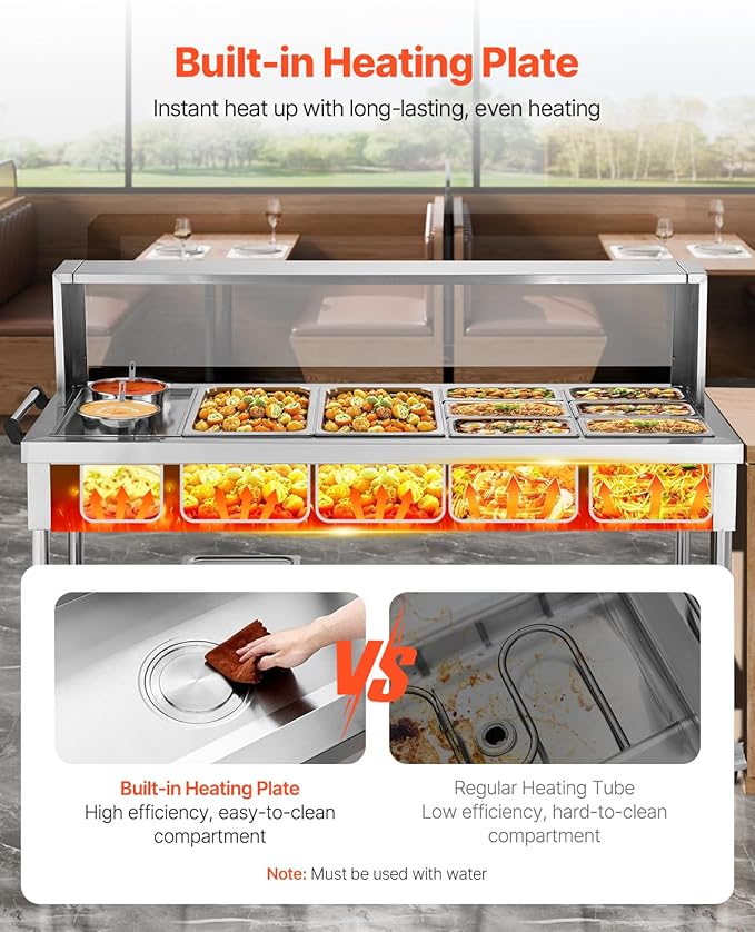 VEVOR Commercial Food Warmer, 8 Pans + 2 Pots Electric Steam Table, 1800W Professional Buffet Catering Food Warmer with Shield Undershelf Wheels, Stainless Steel Server for Party Restaurant