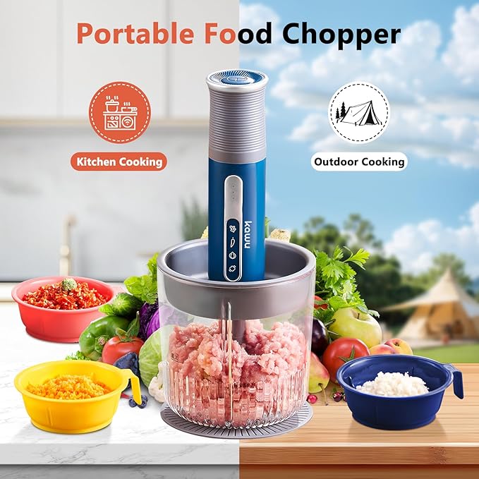Kawu Portable Food Processor, Electric Food Chopper with 2 Bowls (2 Cups+3x 0.4 Cup), 2 Stainless Steel Blades, USB Rechargeable, One-Button Wireless Meat Grinder & Vegetable Chopper for Kitchen, Home