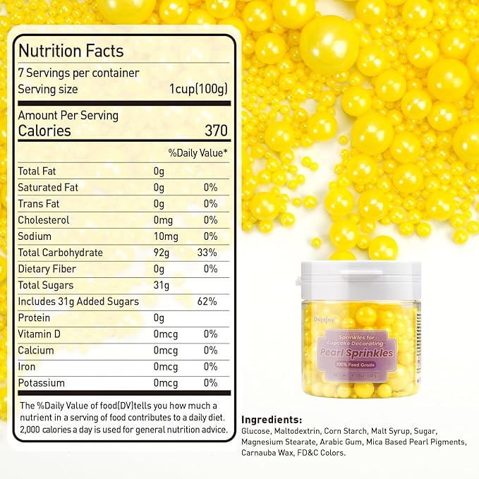 Dazzjoy Edible Pearls, Yellow Pearl Sugar Sprinkles, 130g/4.58oz, Yellow Ball Pearls for Cake Decorating, Cupcake Toppers, Edible Cake Decoration
