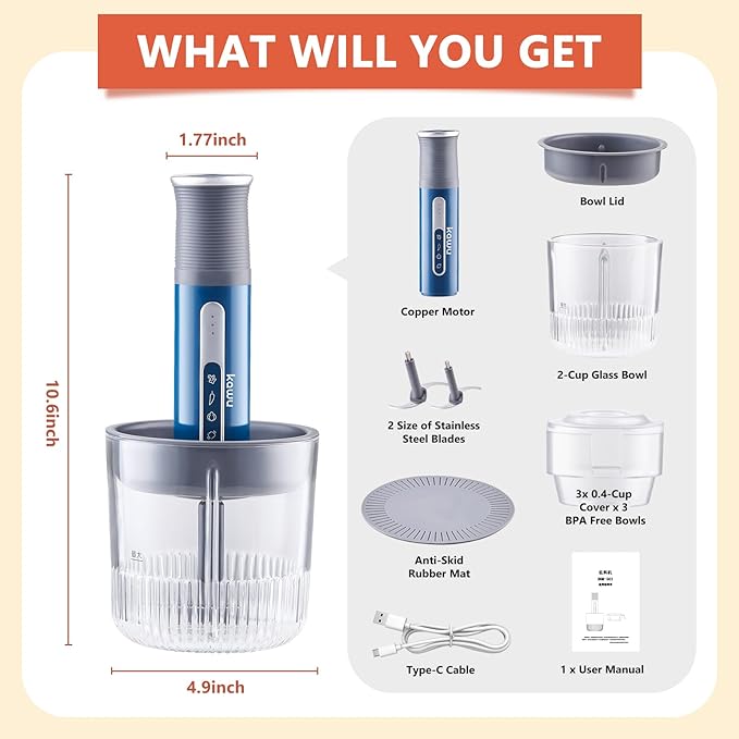 Kawu Portable Food Processor, Electric Food Chopper with 2 Bowls (2 Cups+3x 0.4 Cup), 2 Stainless Steel Blades, USB Rechargeable, One-Button Wireless Meat Grinder & Vegetable Chopper for Kitchen, Home