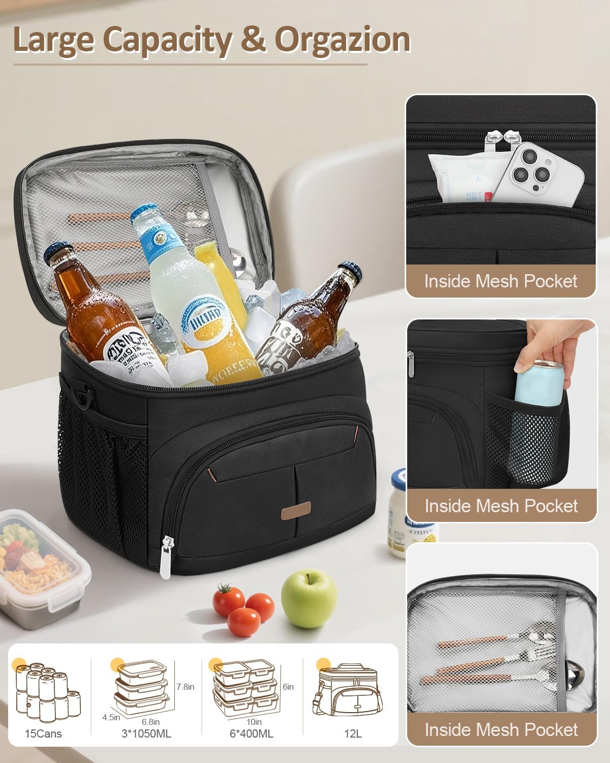 Lunch Box for Man Women, Insulated Lunch Bag Cooler Bag Leakproof Lunchbox Lunch Tote Bags with Removable Strap for Work School Picnic Travel (Black/12L