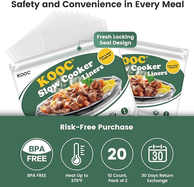 KOOC Slow Cooker Liners 11"x17" 20 count Middle Size Disposable Plastic Bags Pot Liners Cooking Bags Fit 3 qt to 4 qt Pot BPA Free