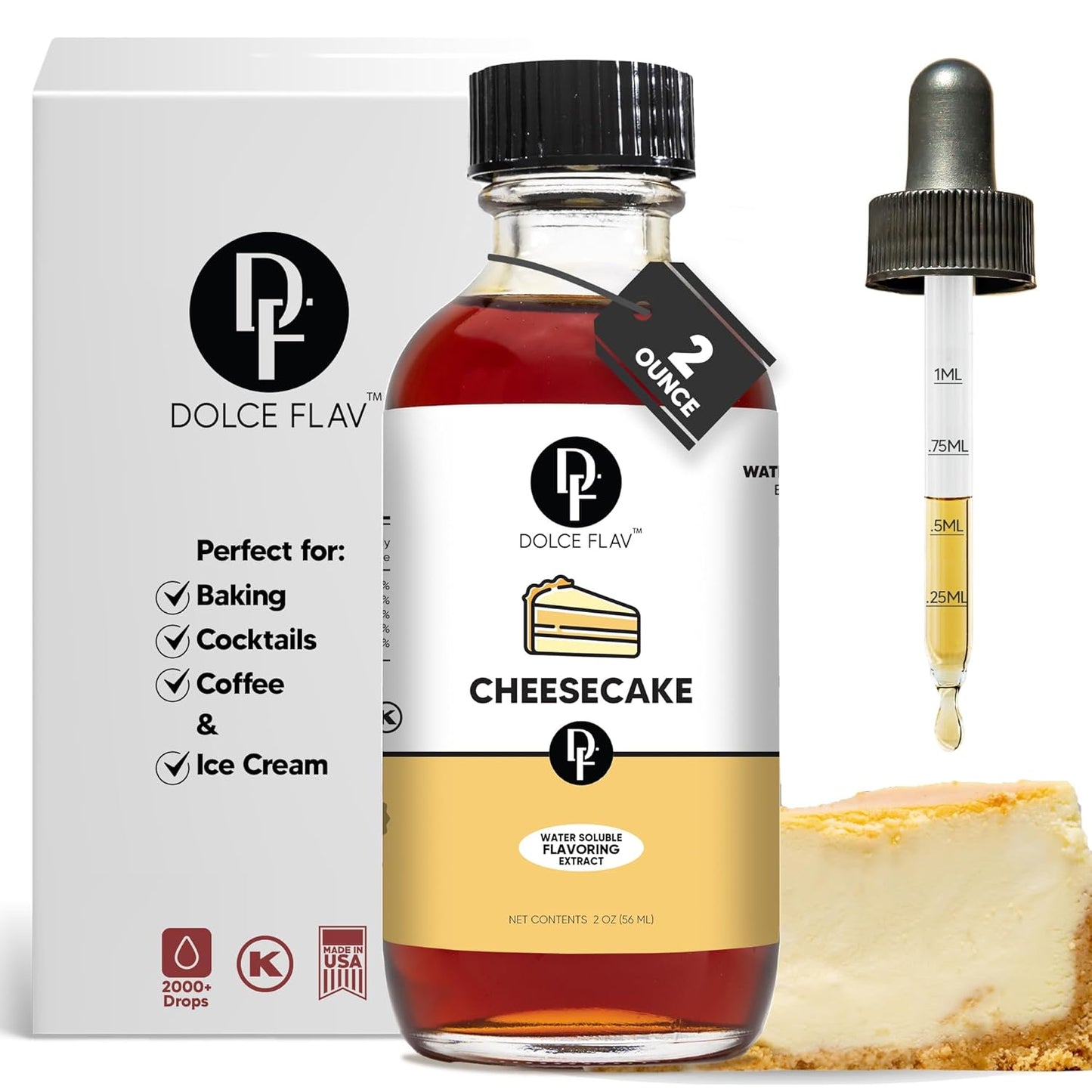 Dolce Flav Cheesecake Extract – 2 Ounce Water-Soluble Kosher, Sugar-Free, Concentrated Creamy Flavor for Desserts, Frostings & Pastries, Includes Measured Dropper