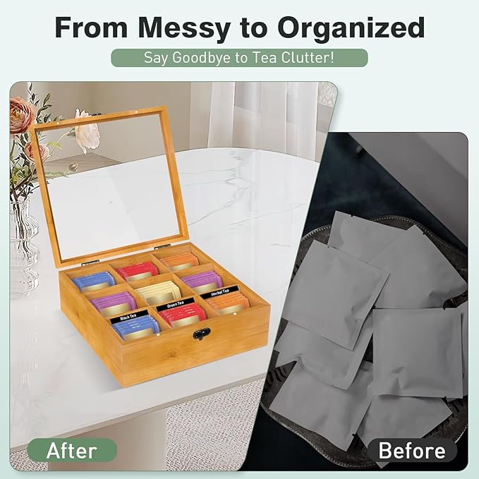 Wood Tea Bag Organizer Tea Storage Box with Clear Acrylic Top Window & 9 Compartments Tea Bag Holder for Home Office Gift (Brown)