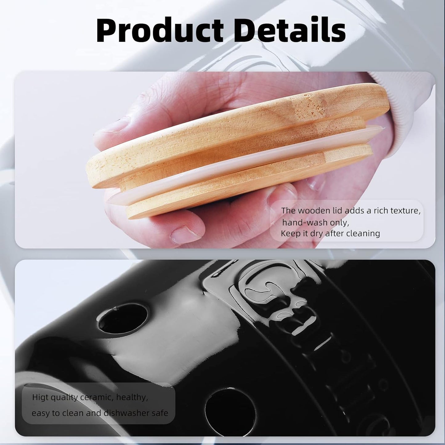 ONTUBE Large Garlic Keeper with Wooden Lid, Ceramic Garlic Holder Storage, Garlic Container for Kitchen, Garlic Saver to Keep Your Garlic Cloves Fresh Longer 4.5-Inch, Black