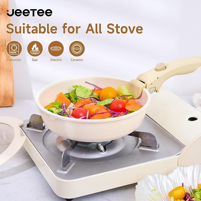 JEETEE Pots and Pan Set Non Stick 25pcs, Cookware Set with Removable Handle, Induction Kitchen Cooking Sets with Detachable Handle, RV Camping Stackable Pots Pans, Oven Safe, PFOA Free, Beige