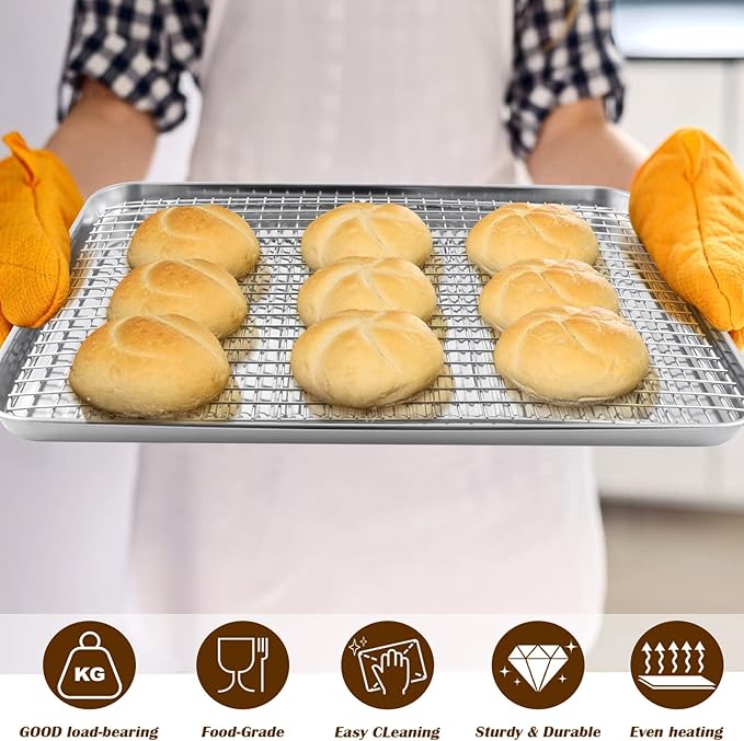 P&P CHEF Baking Oven Pan with Wire Rack, Stainless Steel Baking Oven Sheet Tray, Bacon Pan and Cooling Rack for Cooking Roasting Cookie, Dishwasher Safe & Easy Clean, 17.5 x 13 x 1 Inch
