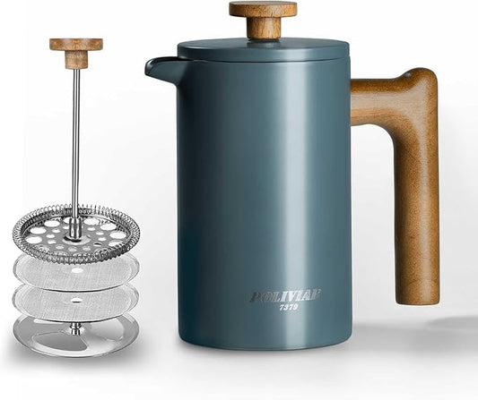 POLIVIAR French Press Coffee Maker, 21 oz Coffee Press with Real Wood Handle, Double Wall Insulation & Dual-Filter Screen, Food Grade Stainless Steel for Good Coffe and Tea, JX2024-SFPU
