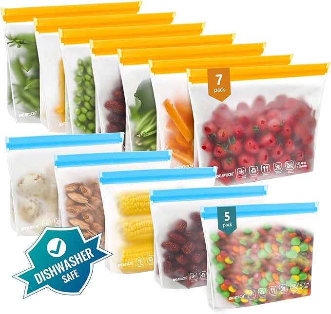 IDEATECH 12Pack Reusable Food Storage Bags Dishwasher Safe,Leakproof Gallon Freezer Bags, BPA Free Quart Sandwich Size Silicone Reusable Baggies for Marinate Meats,Travel(7Gallon 5Quart, Colored)