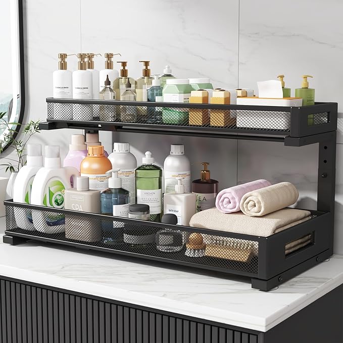 2 Pack 20.47IN Depth Under Sink Storage Organizer, Large 2-Tier Elegant Mesh Pull Out Shelf for Kitchen and Bathroom Cabinet Organization, L-Shaped and Adjustable Height Design-Black