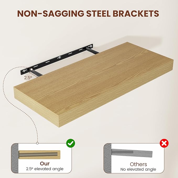 12 Inch Deep Floating Shelves 36 inch Long, 36 x 12 Wide Wall Shelves with Invisible Brackets, Heavy Duty Shelf for Bedroom Bathroom Living Room Kitchen Office Home Decor, Modern Shelf Set of 2, Oak