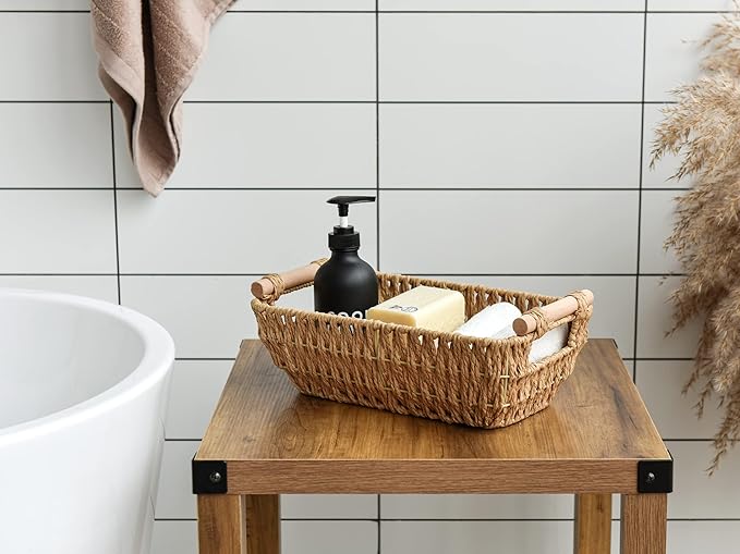 StorageWorks Hand-Woven Small Wicker Baskets, Round Paper Rope Storage Baskets with Wooden Handles, Light Brown, 2-Pack