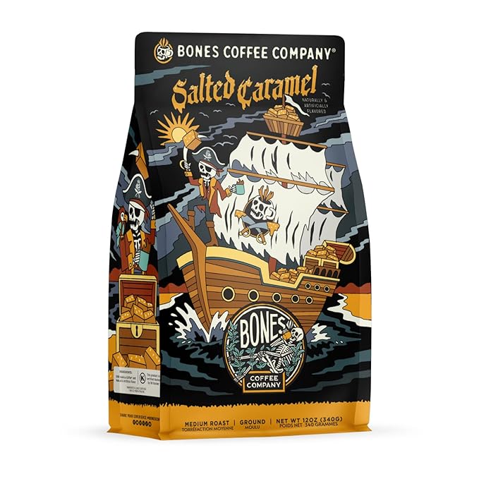 Bones Coffee Company Salted Caramel Flavored Coffee, Medium Roast Low Acid Arabica Beans Compatible with Auto drip and French Press Coffee Maker, 12 Oz Ground