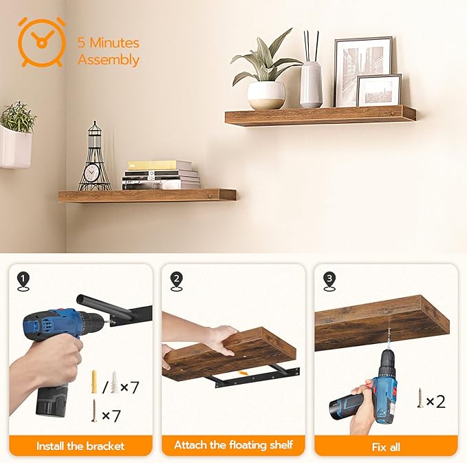 HOOBRO Floating Shelves for Wall, Wall Mounted Shelf Set of 2, 39.4" Hanging Shelf with Invisible Brackets, for Wall Bathroom, Bedroom, Toilet, Kitchen, Livingroom, Office, Rustic Brown BF100BJP201G2