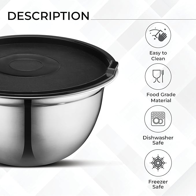 AVADOR Premium Stainless Steel Mixing Bowls Sets Brushed Stainless Steel Mixing Bowl Set, Easy To Clean, Space Saving, Great for Cooking, Baking, Prepping Needs (8 pc with Lid and Grater)