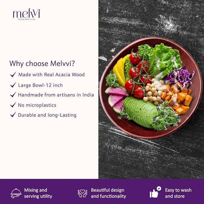 Melvvi Large Wooden Salad Bowl Set with 2 Small Bowls and 2 Serving Utensils | 12" & 6" Acacia Wood Bowls for Food | Great Gift for Kitchen & Dining (Natural Set of 5) (Royal Set of 3)