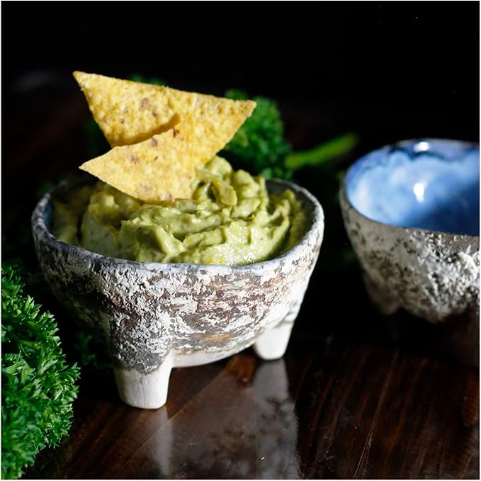 roro Artisan Crafted Blue-Gray Ceramic Dip | Suace Molcajete Bowls, 3-Legged Stoneware 4-Inch Diameter, Set of 2