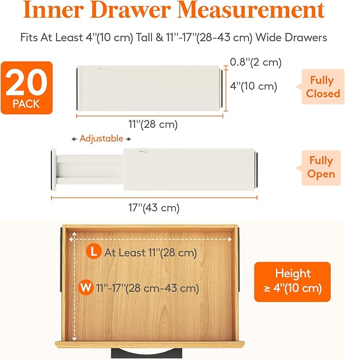 Lifewit 20 Pack Drawer Dividers 4" High, 11-17" Adjustable Dresser Drawer Organizers for Clothes, Expandable Dresser Separators in Bedroom/Bathroom/Kitchen/Vanity/Office Organization and Storage,Beige