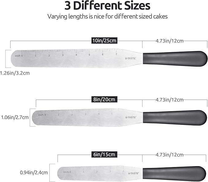 U-Taste Cake Icing Spatulas Set: Straight Decorating Frosting Knife with 6", 8", 10" Thinner Stainless Steel Blade, Flexible Smoothing Spreading Tools with Comfortable PP Handle for Cream (Black)