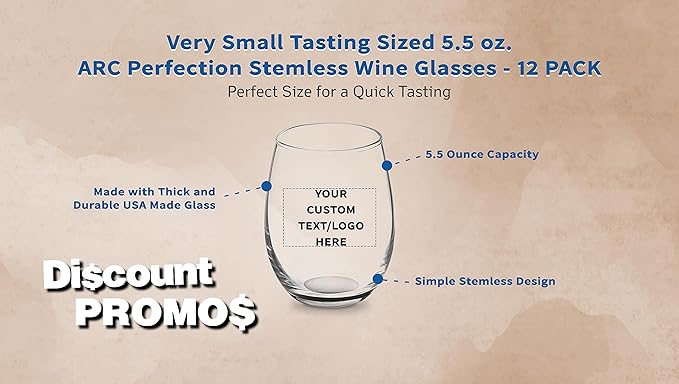 Custom Stemless Wine Glasses by ARC 5.5 oz. Set of 12, Personalized Bulk Pack - Perfect for Hotel, Bar, Restaurant or Lounge - Black