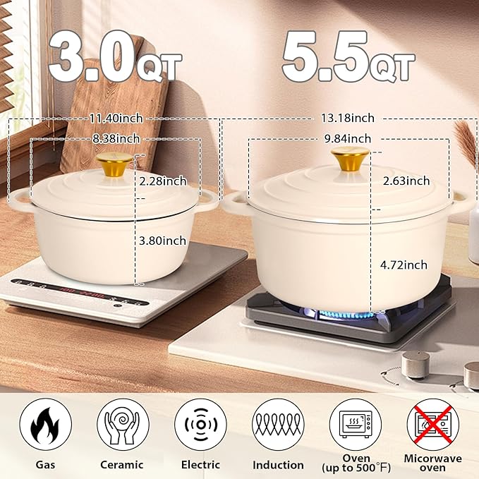 Romswi Enameled Cast Iron Dutch Oven Set - 3qt & 5.5qt Dual Combo - 7-Layer Professional Grade Dutch oven pot with lid - Oven Safe for Braising, Stews, Roasting, Bread Baking - White Bread Dutch Oven