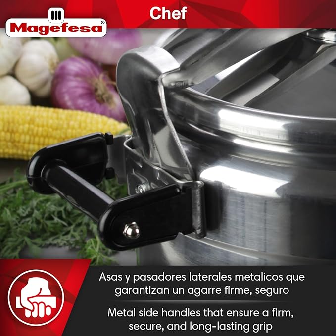 MAGEFESA Chef 23-Quart Aluminum Pressure Cooker – Stainless Steel Lid, Thermodiffusion Base, 3 Safety Systems, Fast & Even Cooking