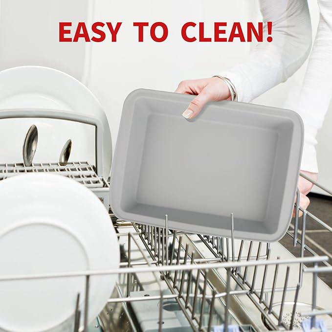 Silicone Baking Mold, Detroit Style Pizza Pan, Rectangular Baking Dish with Handles, Compatible with Fancy Panz, for Lasagna, Cake, Brownie or Family Dinner, 12.6 x 9.8 x 2.1 Inch (2 Pack, Grey)