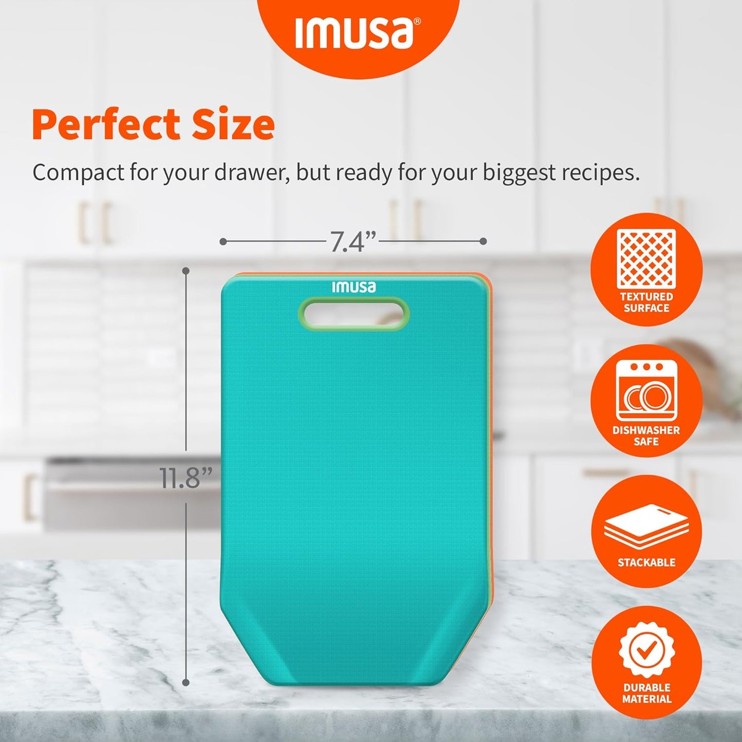 IMUSA Cutting Board Set – 3-Pack Plastic Cutting Boards for Kitchen, 11.8" x 7.4" Color-Coded Chopping Boards with Handles and Curved Edge, Nesting Small Cutting Boards, Dishwasher Safe