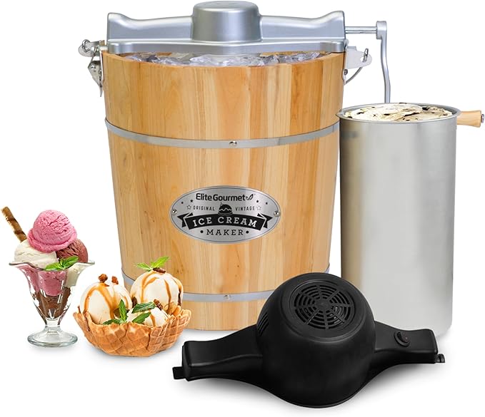 Elite Gourmet EIM402 Old Fashioned 4 Quart Vintage Wood Bucket Electric Ice Cream Maker Machine, Bonus Classic Die-Cast Hand Crank for Churning, Uses Ice and Rock Salt Churns Ice Cream in Minutes