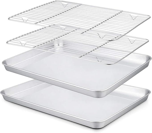 TeamFar 10.5’’ x 8’’ x 1’’ Toaster Oven Pan with Rack Set, Small Baking Pans Tray Stainless Steel with Cooling Rack Set of 4, Non-Toxic & Heavy Duty, Mirror Finish & Dishwasher Safe