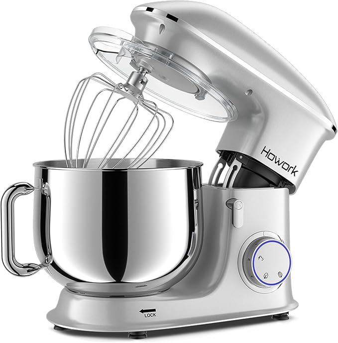 HOWORK 8.5QT Stand Mixer, 660W 6+P Speed Tilt-Head, Electric Kitchen Mixer With Dishwasher-Safe Dough Hook, Beater, Wire Whip & Pouring Shield(8.5 QT, Silver)