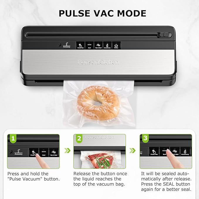 Bonsenkitchen Vacuum Sealer Machine, Multi-Functional Food Sealer with 50 Vacuum Bags & 1 Roll for Food Storage, Built-in Cutter, Black