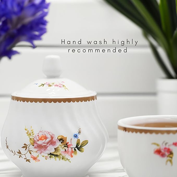 Sugar and Creamer Set - Porcelain Sugar and Creamer Floral Vintage Tea Set with Elegant Embossed Swirls - Exquisite Fine China Tea Set for Parties & Celebrations - Timeless Rose Set by Lynns