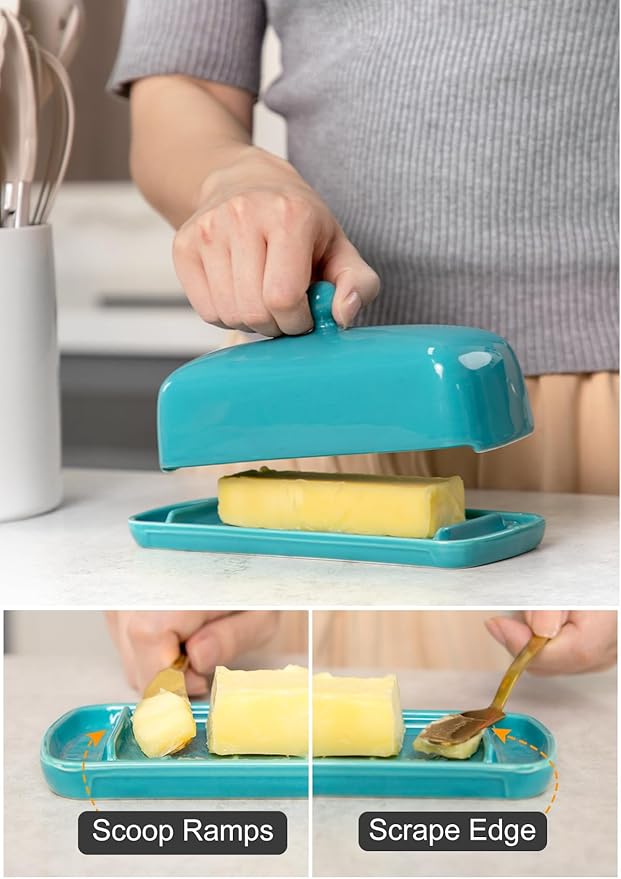 Nucookery Ceramic Butter Dish with Lid for Countertop, Butter Holder with Raised Non-Slip Strip, Keeper and Container for 1 Stick, Easy to Clean & Dishwasher Safe, Royal Blue