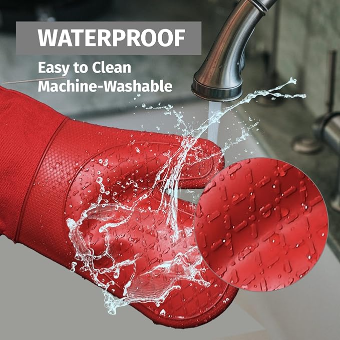 Klex Extra Long Silicone Oven Mitts, 932°F Degrees Heat Resistance with Quilted Cotton Liner Oven Gloves, 2 Piece Set, 15 inch, Red