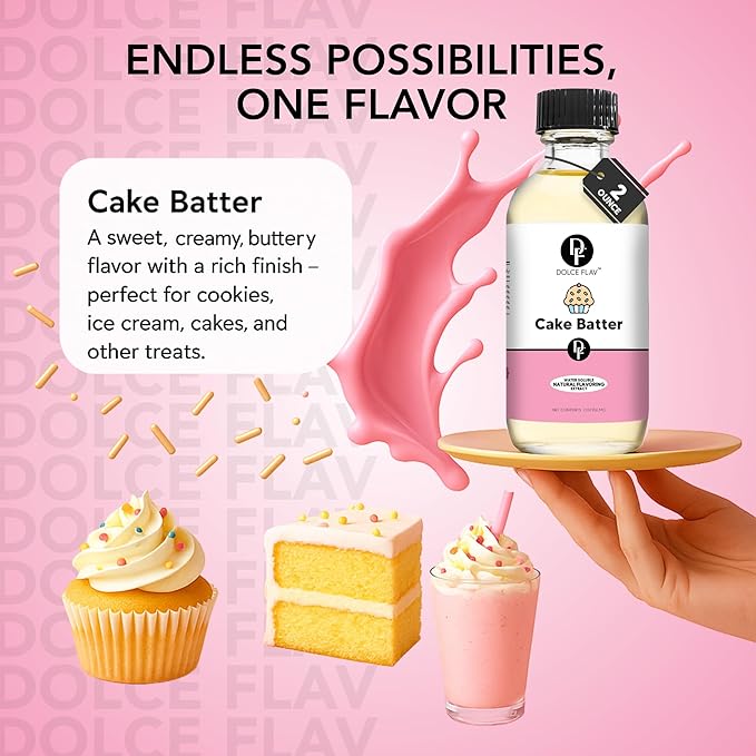 Dolce Flav Natural Cake Batter Extract – 2 Ounce Water-Soluble Kosher, Sugar-Free, Concentrated Birthday Cake Flavor for Frosting, Cupcakes & Ice Cream, Includes Measured Dropper