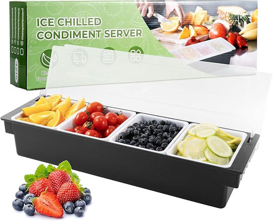 WICHEMI Condiment Container with Lid Ice Chilled Condiment Server with Ice Tray Fruit, Veggie & Condiment Caddy Plastic Garnish Station for Bartending Serving Taco, Salad Bar Container (4 Compartment)
