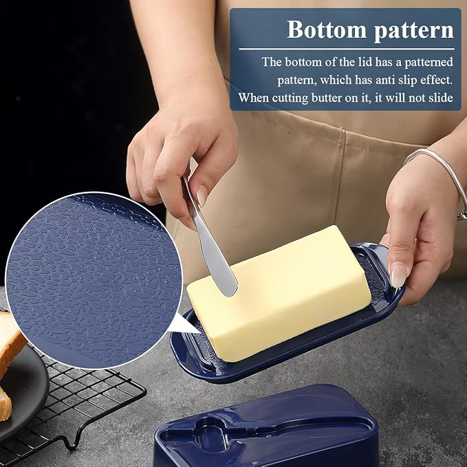 Evanda Butter Dish with Lid for Countertop and Refrigerator Door Shelf with Butter Spreader Knife, Butter Keeper, Plastic Butter Holder Tray Container for West/East Coast Butter