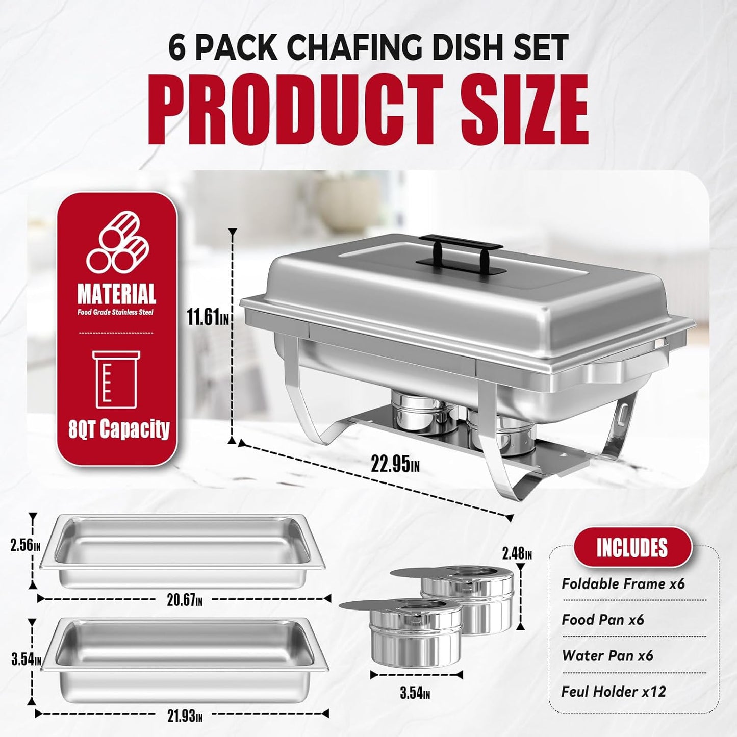 6 Pack Chafing Dish Buffet Set, 8QT Stainless Steel Rectangular Chafers and Buffet Warmer Sets for Catering, with Food & Water Pan, Lid, Foldable Frame, Fuel Holder for Event Party Holiday
