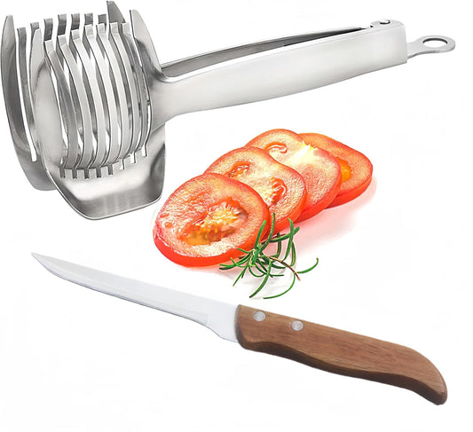 Tomato Lemon Slicer with Tomato Knife Set,Handheld Even Slicing Guide Cutter Tools,for Round Fruit and Veggies, Multi Kitchen Cutting Gadgets