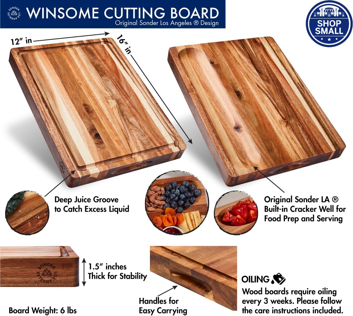 Sonder Los Angeles, Thick Sustainable Acacia Wood Cutting Board for Kitchen with Juice Groove, Sorting Compartment, Charcuterie 16x12x1.5 in (Gift Box Included)