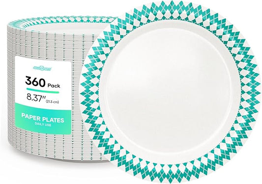 JOLLY PARTY 8.37 inch Disposable Paper Plates, 360 Count Dinner Plates, Soak Proof, Cut Proof for Everyday Use, Blue Diamond Pattern Rim Design