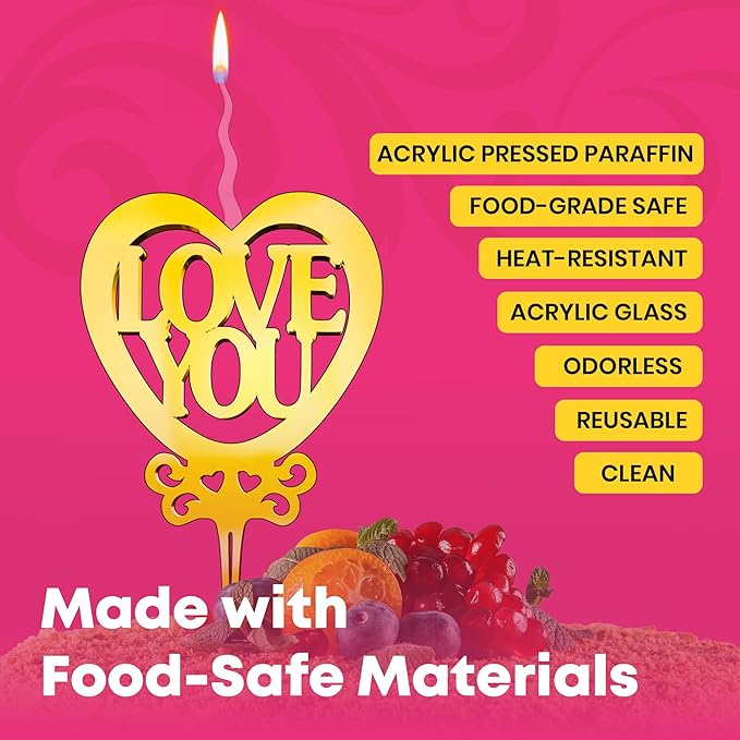 Love You Reusable Gold Romantic Cake Candle - Luxury Cake Topper Candle for Birthdays, Weddings & Anniversaries - Reusable Food Safe Acrylic, Shiny Mirror Finish - Happy Birthday Cake Topper Decor