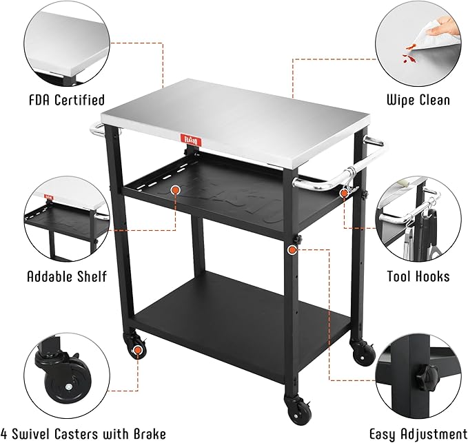 3-Shelf Grill Table,Pizza Oven Stand with Adjustable Shelf, Movable Grill Cart, for Outside,Outdoor Bar Cart with Wheels,Stainless Steel Tabletop,L34xW16.1