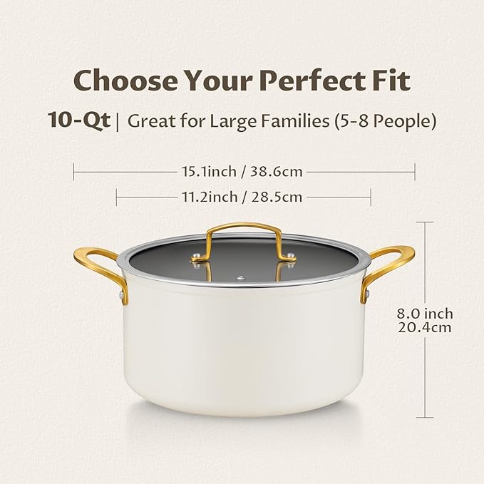 BEZIA 10 Quart Cooking Pot with Ceramic Coating, Non-Stick Stock Pot with Tempered Glass Lid, Large Soup Pot with Stainless Steel Handle, Induction Compatible Stockpot, Dishwasher Safe, Cream