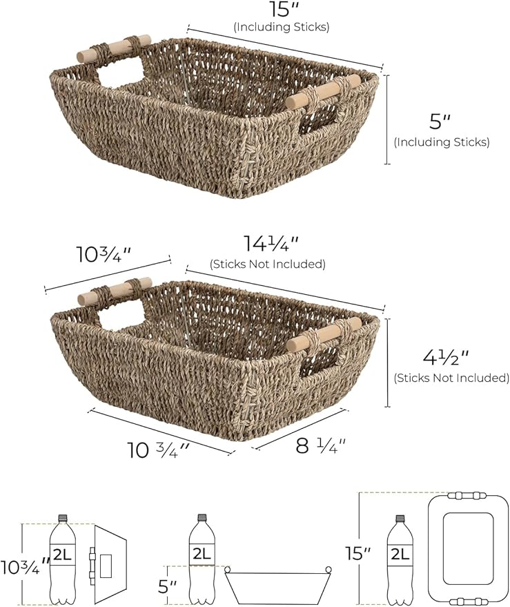 StorageWorks Hand-Woven Large Storage Baskets with Wooden Handles, Seagrass Wicker Baskets for Organizing, 2-Pack