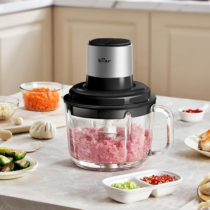 Bear Food Processor, Electric Food Chopper with 8 Cup/2L Handheld Glass Bowls, No-Hole 4 Bi-level Stainless Steel Blades for Easy Cleaning, 2 speed 250W Power Motor Grinder for Meat, and Baby Food