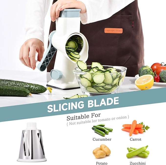 Rotary Cheese Grater Hand Crank Cheese Shredder Vegetable Mandoline Slicer for Kitchen 3 in 1 Changeable Blades for Cheese Potato Nuts Chocolate Ice (WhiteBlue)
