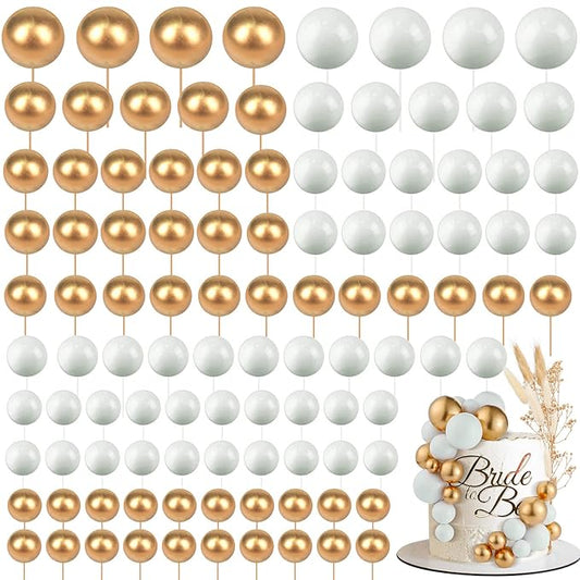 108 Pcs Balls Cake Topper DIY Cupcake Insert Foam Balloons for Cake Baking Wedding Anniversary Birthday Decoration(White, Gold,Multi Sizes)