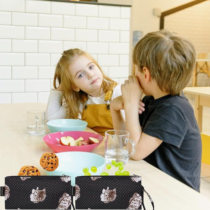 Reusable Sandwich Bag/Snack Bag for Kids & Adults, Dual Layer Lunch Bag with Handle, Washable, Food Safe, BPA Free (2-Pack, Dot&Cat)